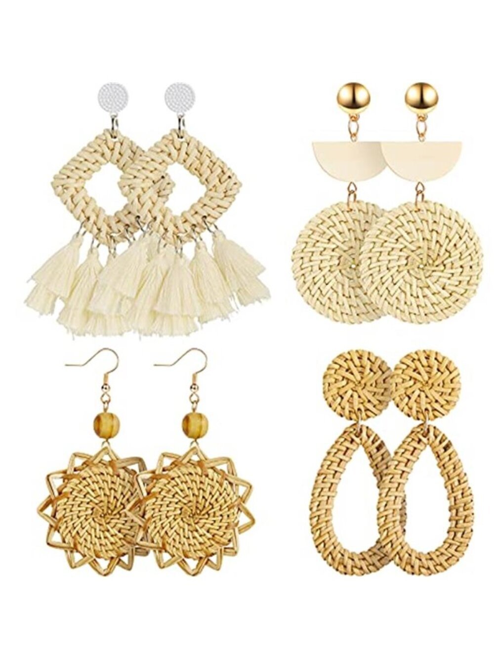 4 Pairs Rattan Earrings for Women Beach Essentials Tassel Dangle Boho